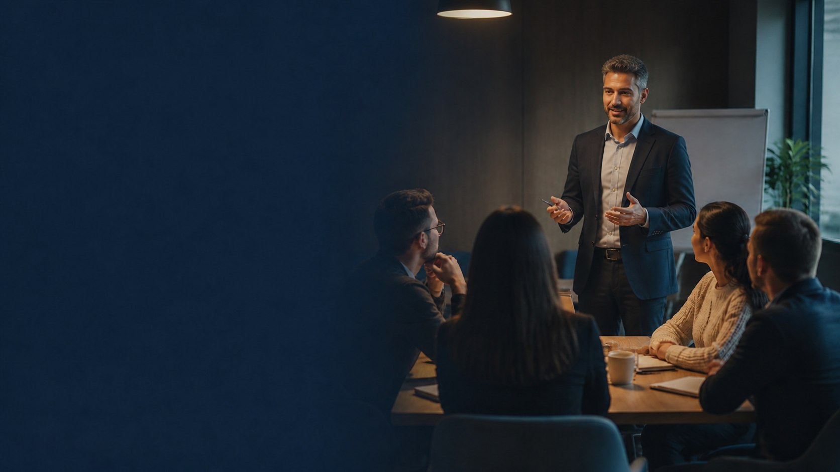 Formador a conduzir uma sessão de desenvolvimento em contexto empresarial